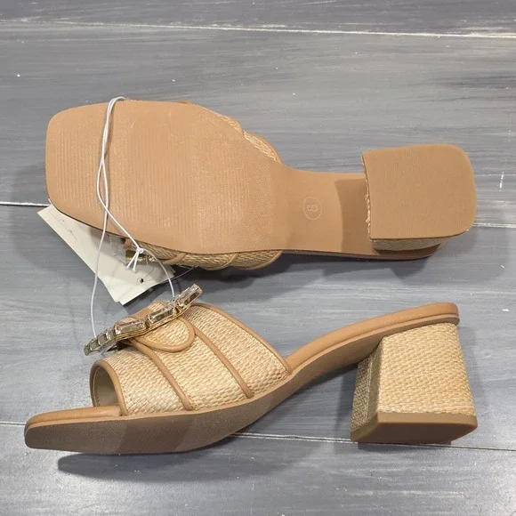 A New Day Kathleen Sandals Raffia Rhinestone Buckle Block Heel Mules Square Toe - Picture 7 of 15